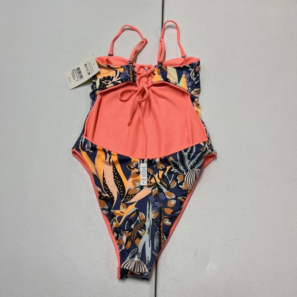 Maaji Swimsuit Reversible One Piece Pink Textured Blue Coral Ocean Print L Beach
